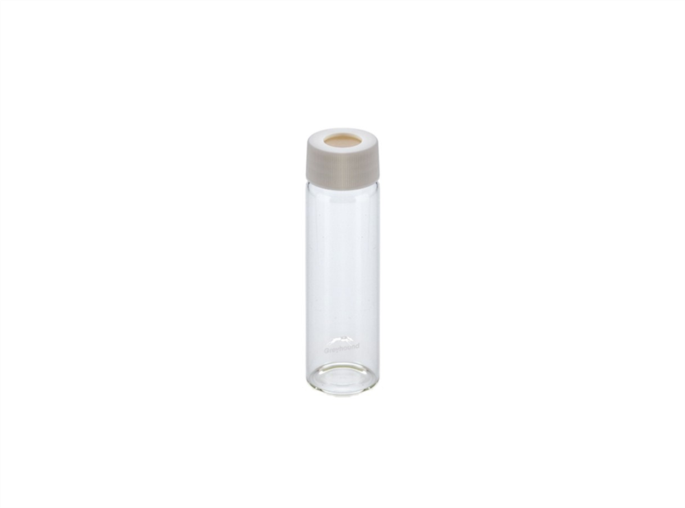 Picture of 20mL EPA/VOA Vial, Class 2, Screw Top, Clear Glass, Precleaned + 24-414mm Open Top White PP Cap with 3mm PTFE/Silicone Septa